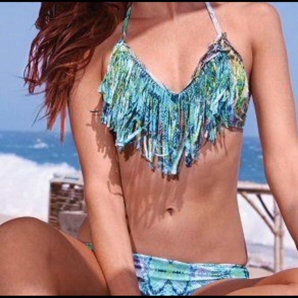 L*Space Snakeskin Print Audrey Fringe Bikini Top